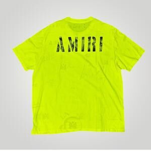 Amiri LA Neon Green MA Logo Sketch AOP Short Sleeve Tee Shirt Size Large